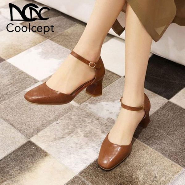 

dress shoes coolcept plus size 31-43 women pumps high-quality fashion stone pattern ladies' square toe metal buckle footwear, Black