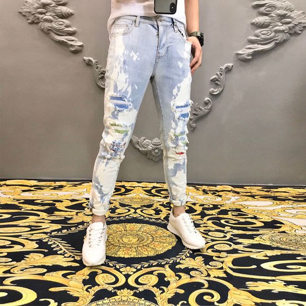 

men's jeans high street fashion brand hole patch diamond jean for men hombre graffiti drill light blue ripped tights 9uxb