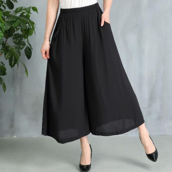 

women's pants & capris #0734 wide leg printed middle aged women cotton elastic waist summer for loose vintage trousers plus size 5xl, Black;white