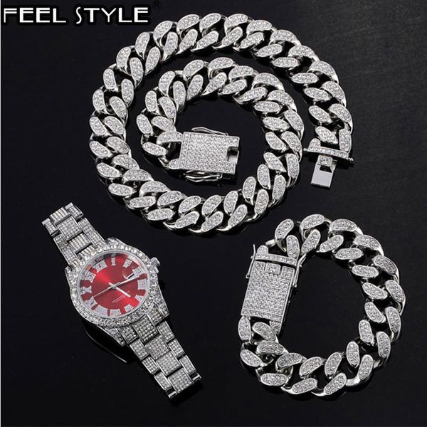 

hip hop sillver color 20mm 3pcs kit watch+necklace+bracelet bling crystal aaa+ iced out cuban rhinestones chains for men jewelry, Silver