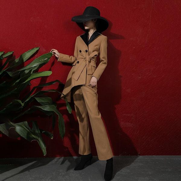 

women's pants & capris 2021 autumn lapel solid color suit fashion temperament wide leg two-piece d658, Black;white