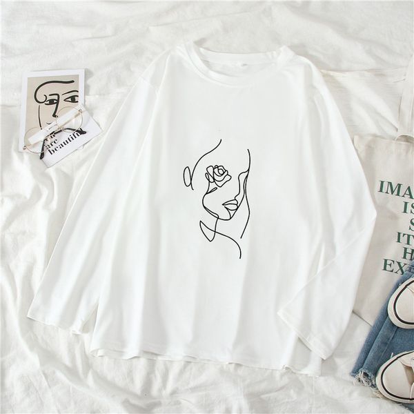 

female t-shirt abstract beauty face print long sleeve girl t-shirts o-neck it matters letter printed candy loose casual 210518, White