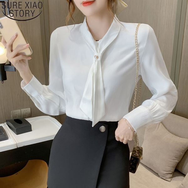 Top Chiffon Elegante Fashion Office Lady Camicia con papillon Autunno Camicie con perline Camicetta a maniche lunghe da donna Blusas 12195 210417