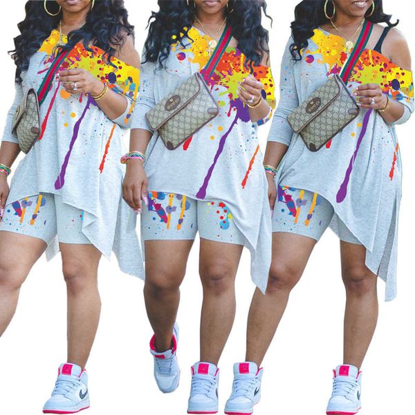 

summer women clothing short sleeve irregular shirt dress shorts splash printed slant shoulder two piece sports jogger sets outfits, Gray