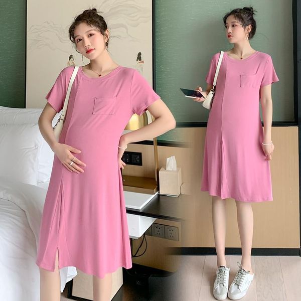 

6678# summer thin modal cotton maternity dress a line slim t shirt clothes for pregnant women pregnancy sleep home lounge wear dresses, White
