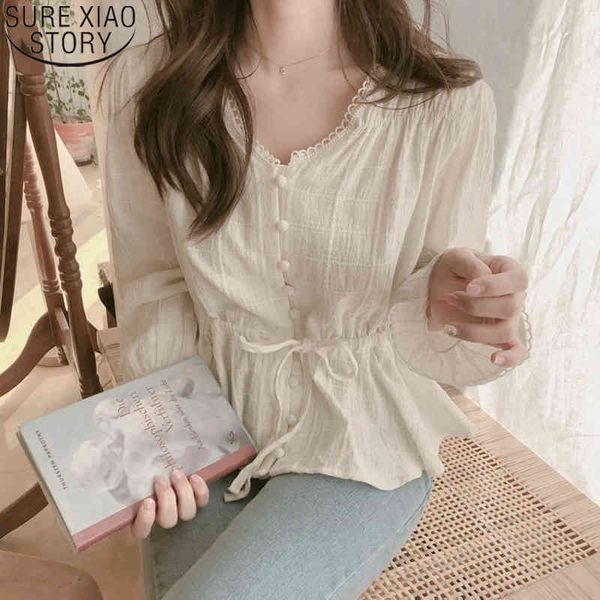 

casual cotton linen lace long sleeve spring autumn v-neck white blouses belt women shirts chemisier femme 9590 210417