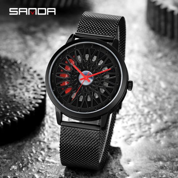 

wristwatches sanda 2021 men's watch car wheel dial waterproof stainless steel quartz business sports, Slivery;brown