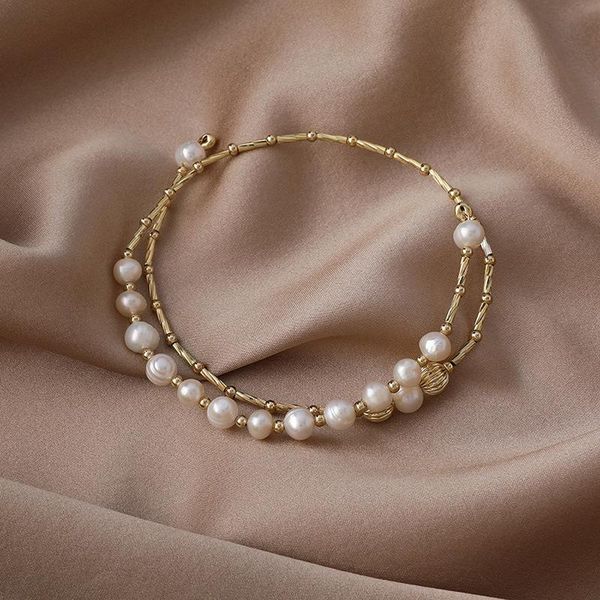

bangle origin summer unique design double-layer natural freshwater pearl bangles for women trendy gold color metallic charm, Black