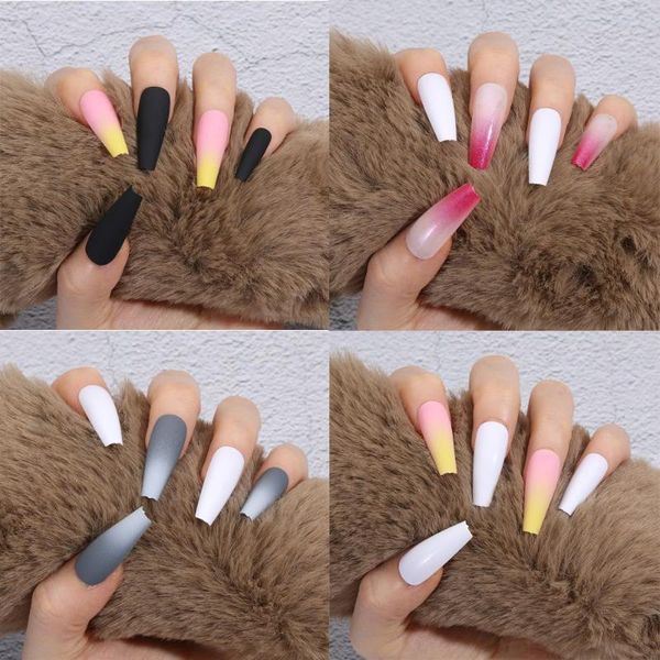 

false nails nail art coffin shape jelly gum ballerina gradient color fake, Red;gold