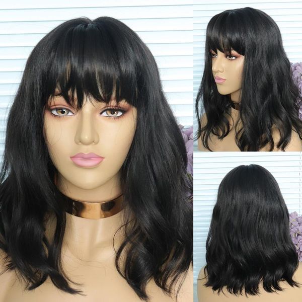 

synthetic wigs wavy natural black wig with bangs full machine glueless shoulder length heat resistant short hair for women