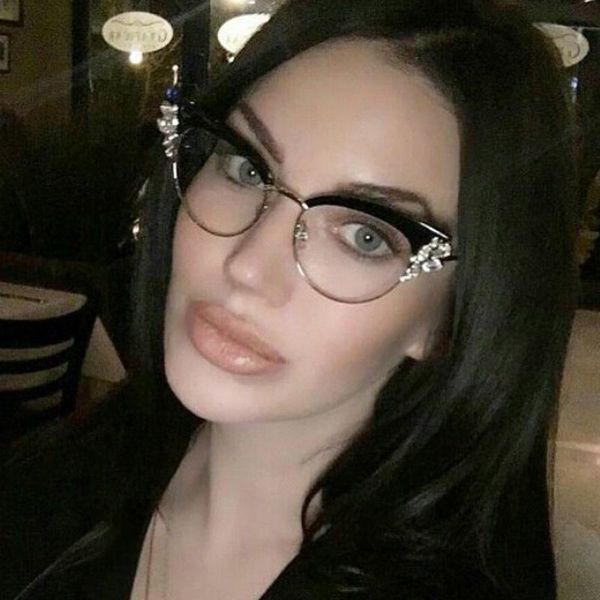 

sunglasses fashion luxe cat eye women brand designer half frame crystal diamond clear oculos de sol uv400, White;black