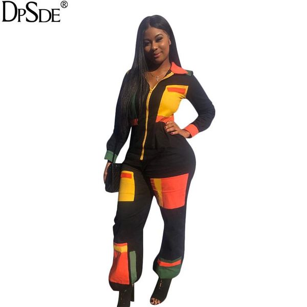 

women's jumpsuits & rompers 2021 women fashion casual movement style long sleeve lapel zipper stitching color pants, Black;white