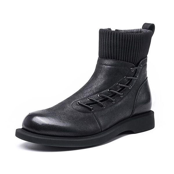 

boots fashion men brand cross strap socks high winter snow slip on warm fleece lining ankle genuine leather shoes, Black