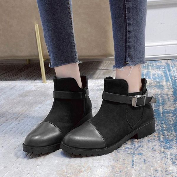 

boots fashion women square heel buckle strap ankle casual comfort winter solid color short booties zipper round toe shoes#35, Black