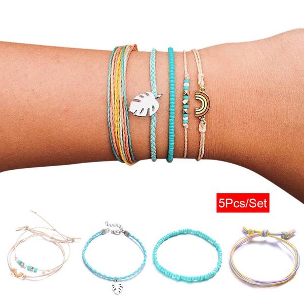 

pcs women woven bracelet set bohemia style leaves rainbow colored beads decor lady sweet jewelry m8694 beaded, strands, Black