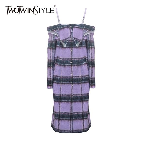 

plaid patchwork diamond dress for women slash neck long sleeve high waist off shoulder tweed female fashion 210520, Black;gray