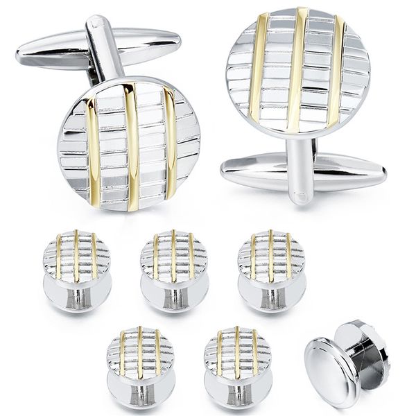 

round golden color stripe cufflinks and studs set fashion & classic men white cuff links for tuxedo, Silver