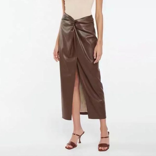 

skirts women's pu skirt brown faux leather high waist elegant female solid fashion chic ladies office midi autumn trf, Black