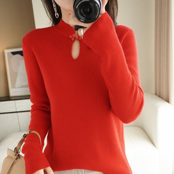 

women's sweaters autumn and winter chinese style retro disc button pure wool sweater knitted bottoming cashmere solid color short, White;black