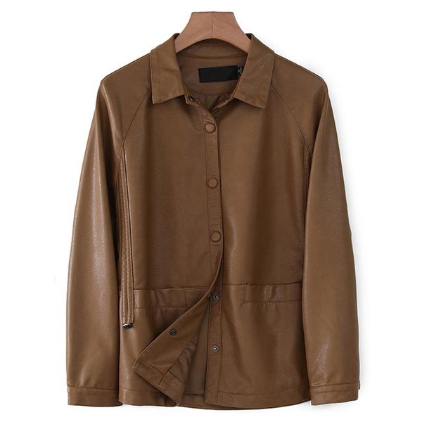 

women's leather & faux autumn soft jacket women loose single breasted moto bike coat pockets streetwear female brown pu coats, Black