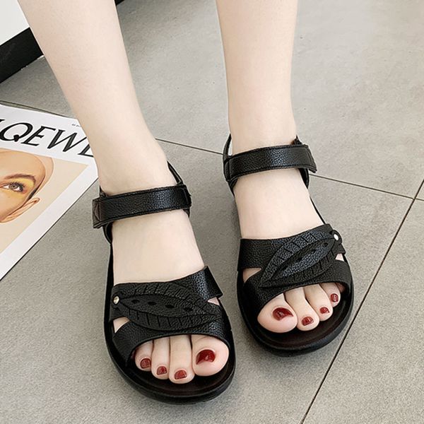 

sandals lucyever soft leather retro casual women summer hollow out comfortable beach shoes flat outdoor sports sandalias mujer uwq, Black