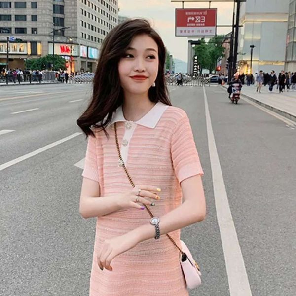 

french style small fragrance polo collar cool silk knitted dress women's summer little temperament stripe age reducing trend, Black;gray