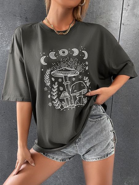 

mushroom & moon print drop shoulder tee n5or#, White