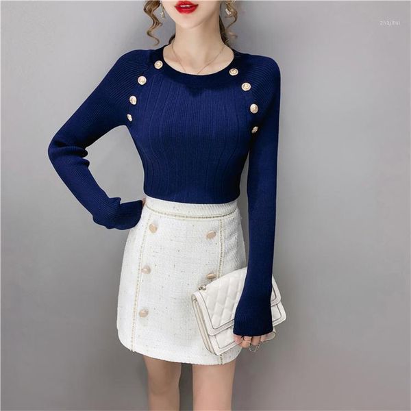 

autumn winter women's full sleeve o-neck gold buttons sweater shirts girls elastic bottoming sweaters pullovers female, White;black