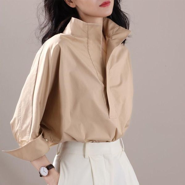 

women's blouses & shirts three quarter stand collar blouse spring solid loose female summer fashion elegant ladies clothes v, White