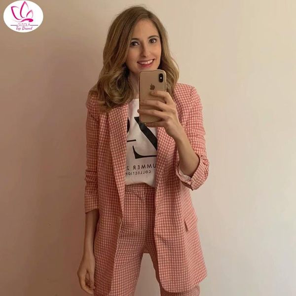 

fashion women pink plaid blazer suit 2021 office ladies elegant notched collar blazers long sleeve jackets girls suits set chic women's, White;black