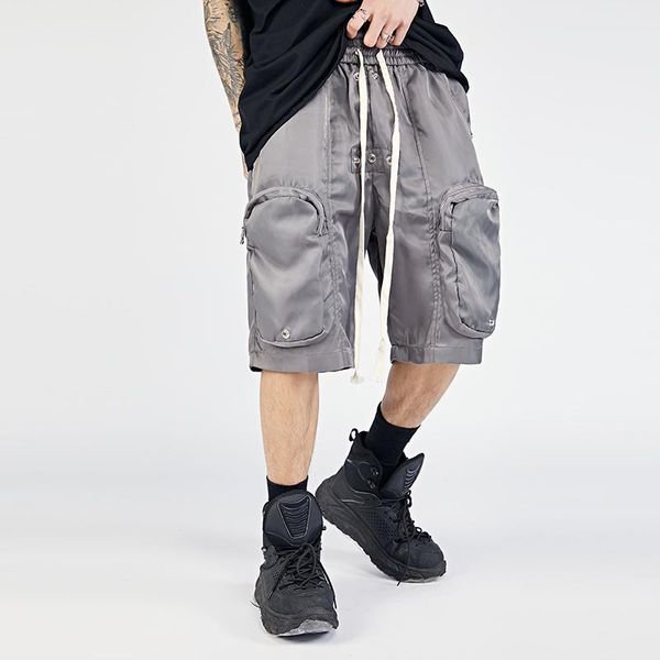 

men's shorts zipper pockets drawstring summer mens high street straight oversize casual five point pants loose hip hop cargo short, White;black
