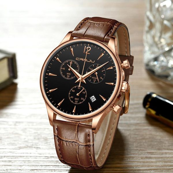 

wristwatches 2021 crrju casual brown leather fashion quartz mens watches waterproof clock relogio masculino drop, Slivery;brown