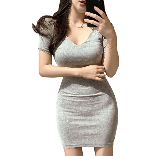 Mini abito grigio da donna Summer korea Manica corta con scollo a V in cotone Sexy Ladies casual hip dress 210602