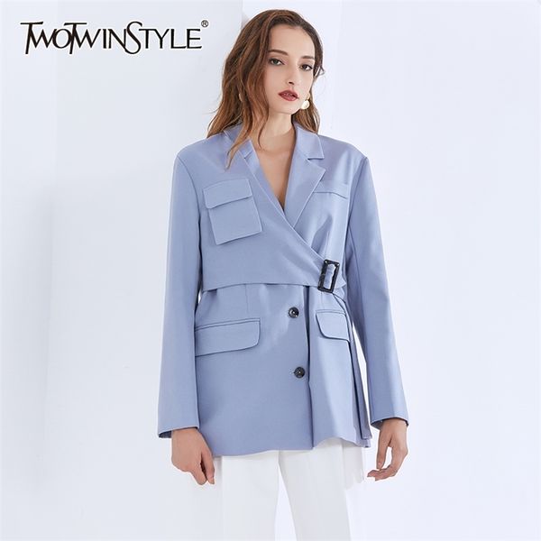 

twotyle casual irregular blazer for women notched long sleeve sashes blue blazers female autumn fashion clothing 211006, White;black
