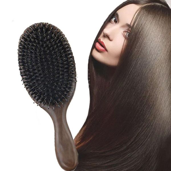 

hair brushes natural sandalwood fine comb anti-static care brush head wild boar bristles green, Silver