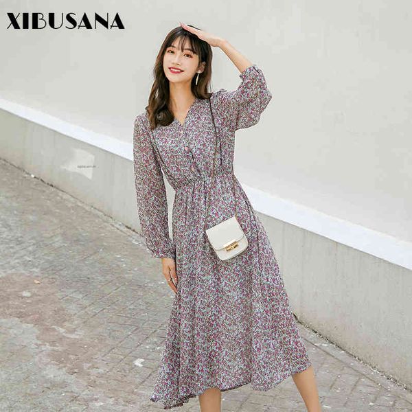 

elegant women dress autumn floral print v-neck long sleeve midi female slim high waist mid calf vestidos 210423, Black;gray