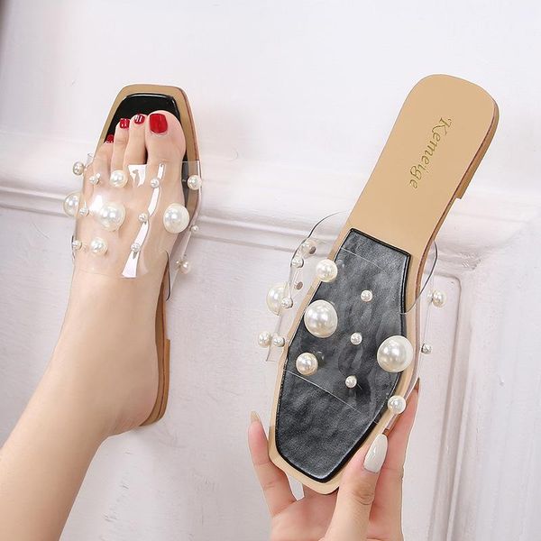 

sandals casual flat beach shoes women large pearl zapatillas mujer designers slip on transparent sippers for, Black