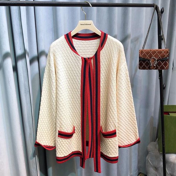 

women's knits & tees fall 2021 knitted cardigan full woolen delicate and soft contrast color lace bowknot v-neck sweater coat, White