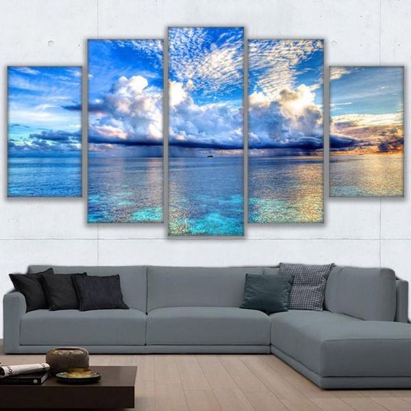 

paintings printed modular picture large canvas 5 panel sea landscape painting for bedroom living room home clouds wall art decor