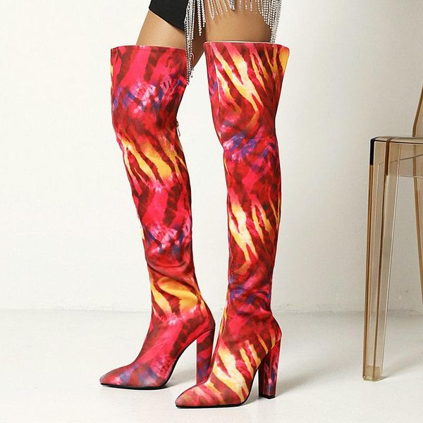 

boots autumn winter thick high heel women fashion zipper over the knee mixed colors pointed toe, Black