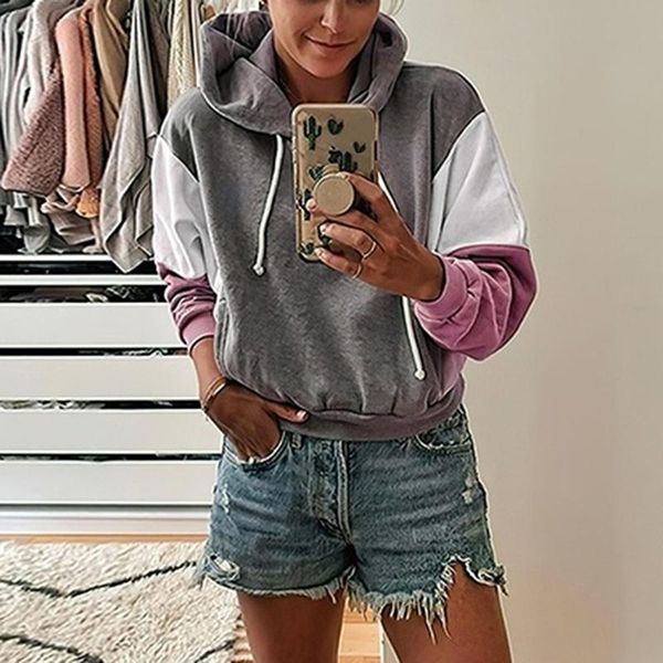 

women's hoodies & sweatshirts womens casual patchwork ladies hooded pullover women sweatshirt warm female coat, Black