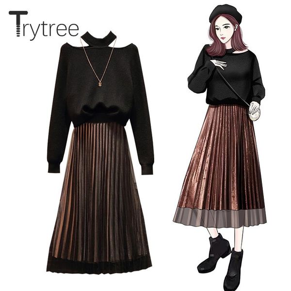 

two piece dress trytree autumn winter set casual turtleneck solid sweater + skirt pleated office lady elastic waist 2, White