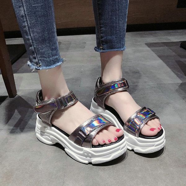 

hook&loop ladies shoes wedge sandals women beach platform women's pu leather silver casual fashion, Black