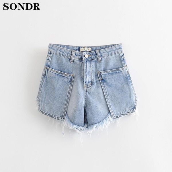 

women's jeans 2021 summer high waist denim shorts women vintage fur-lined leg-openings short casual pocket blue female