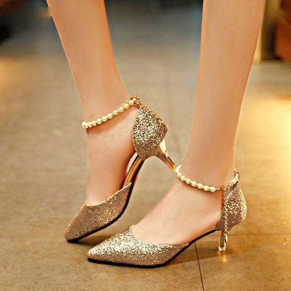 

dress shoes pointed toe pearl high heels female fashion hollow with sandals paillette of the thin breathable women pumps, Black
