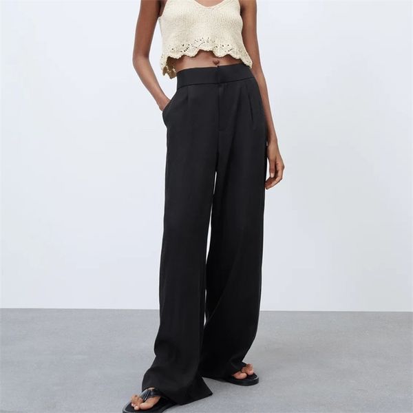 

women summer fashion wide leg pants za solid high waist loose female elegant casual street full length trousers 210513, Blue