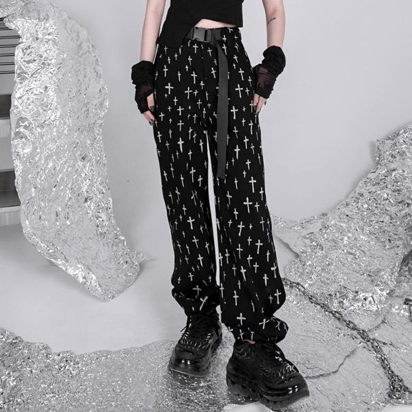 

women's jeans black women 2021 cross printed drawstring waist denim pant straight loose gothic hip hop punk style streetwear hipster, Blue