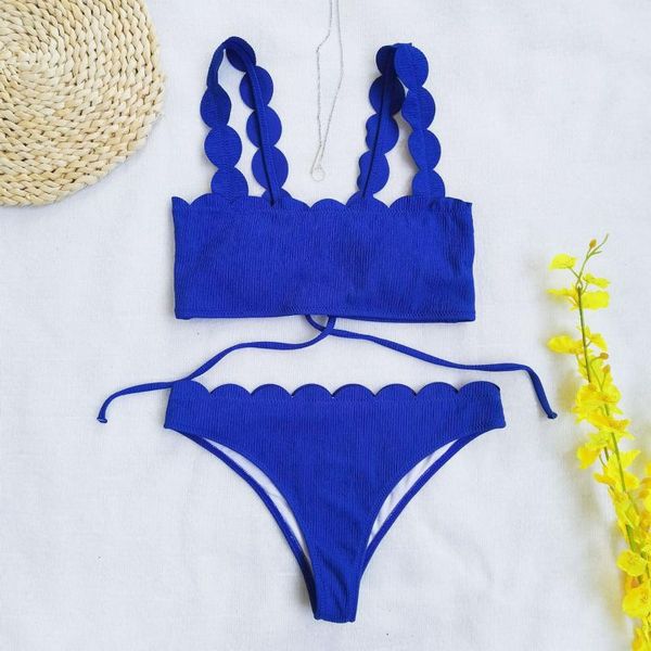 

women's swimwear solid color lace-up bikini floral side 2021 push-up 2 piece set swimsuit padded bra rib, White;black