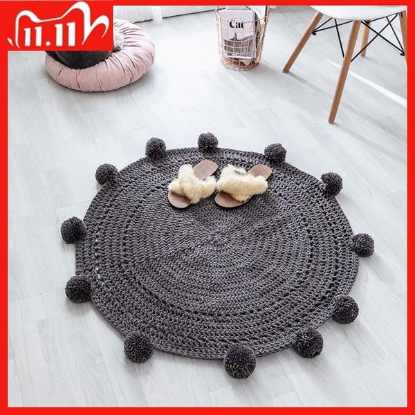 

woven round ball carpet mat non-slip bedside area rugs baby bedroom play carpets