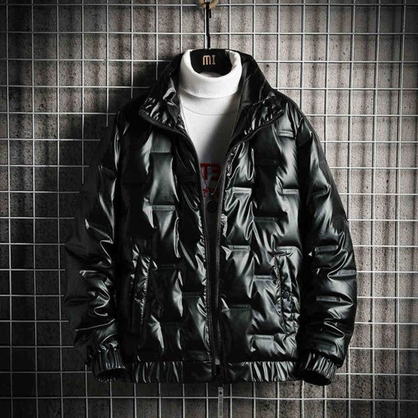 

2021 winter white duck bright face down jacket men's stand collar short large coat, Black